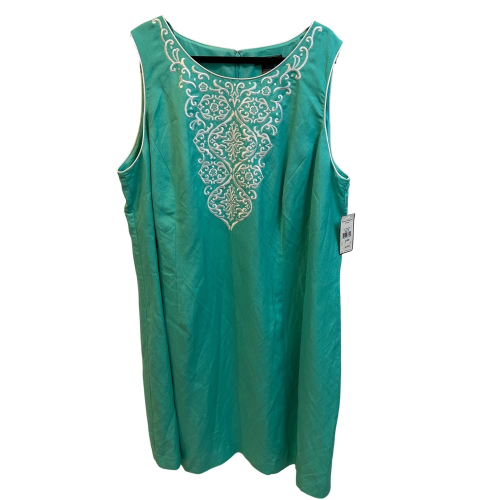 Jessica Howard Aqua Turquoise Embroidered Linen Blend Shift Dress 24W NWT